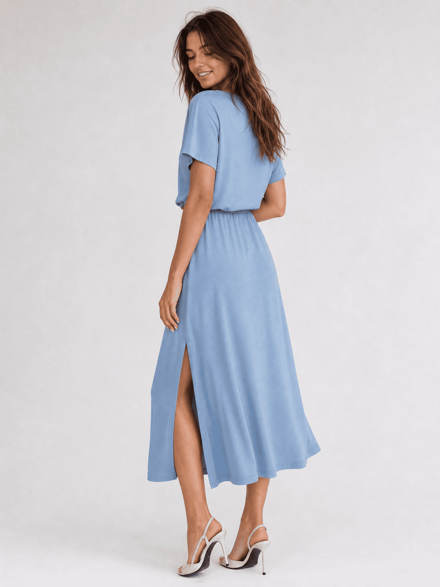 Blaues Modalkleid mit kurzen Ärmeln Rosa — Foto 9