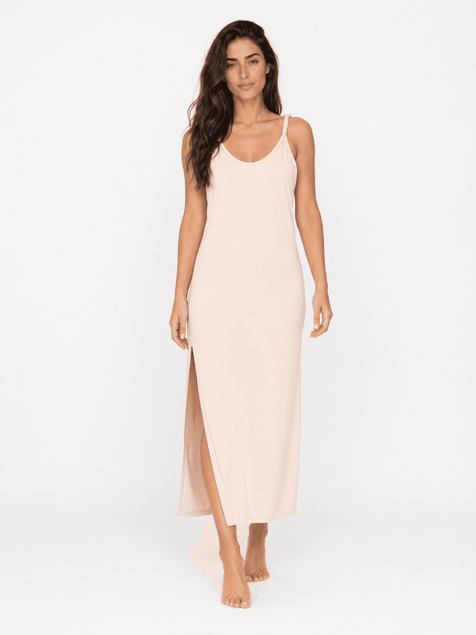 Kremowa sukienka na zakręconych ramiączkach SIMPLE