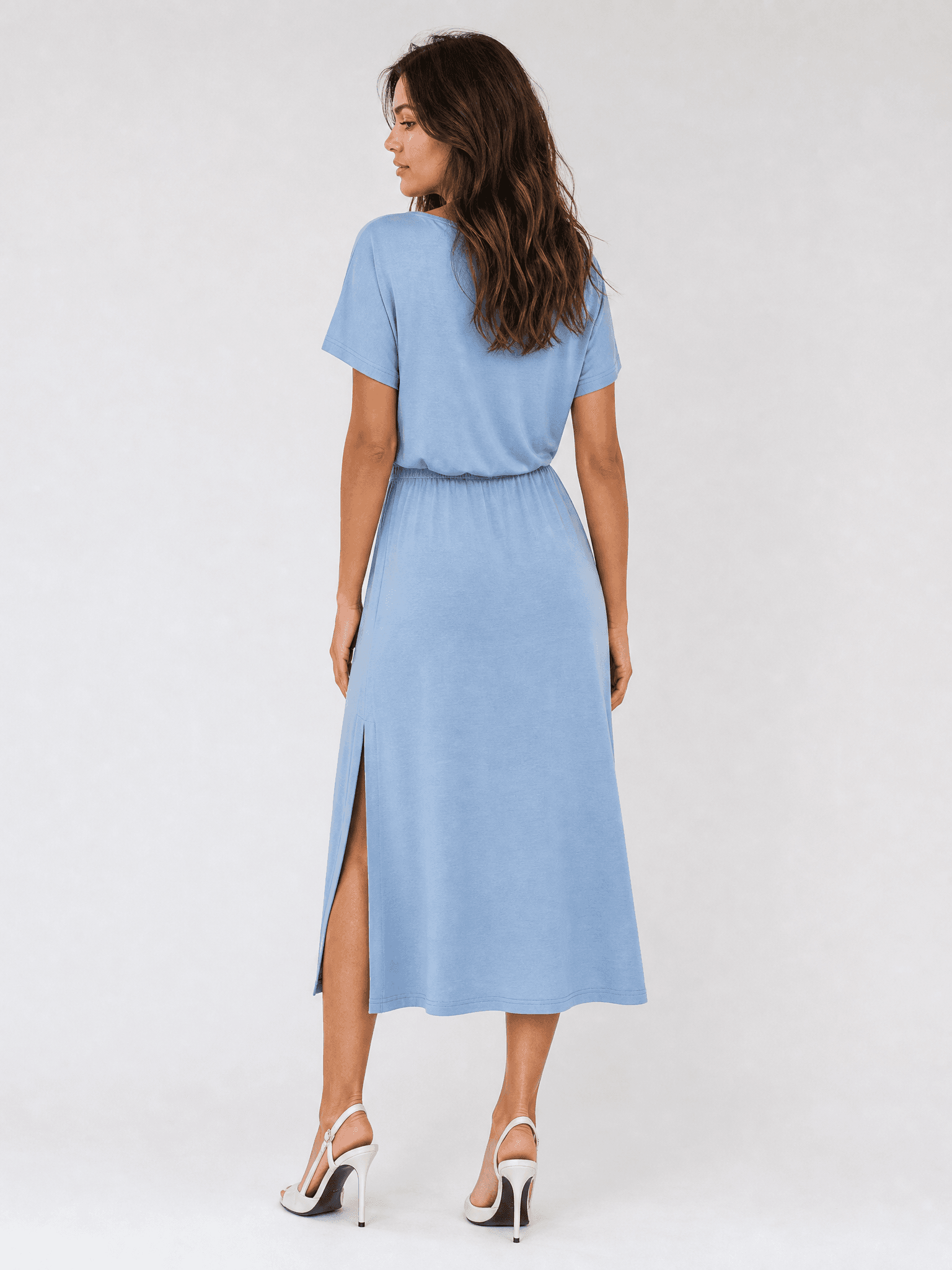 Blaues Modalkleid mit kurzen Ärmeln Rosa — Foto 6