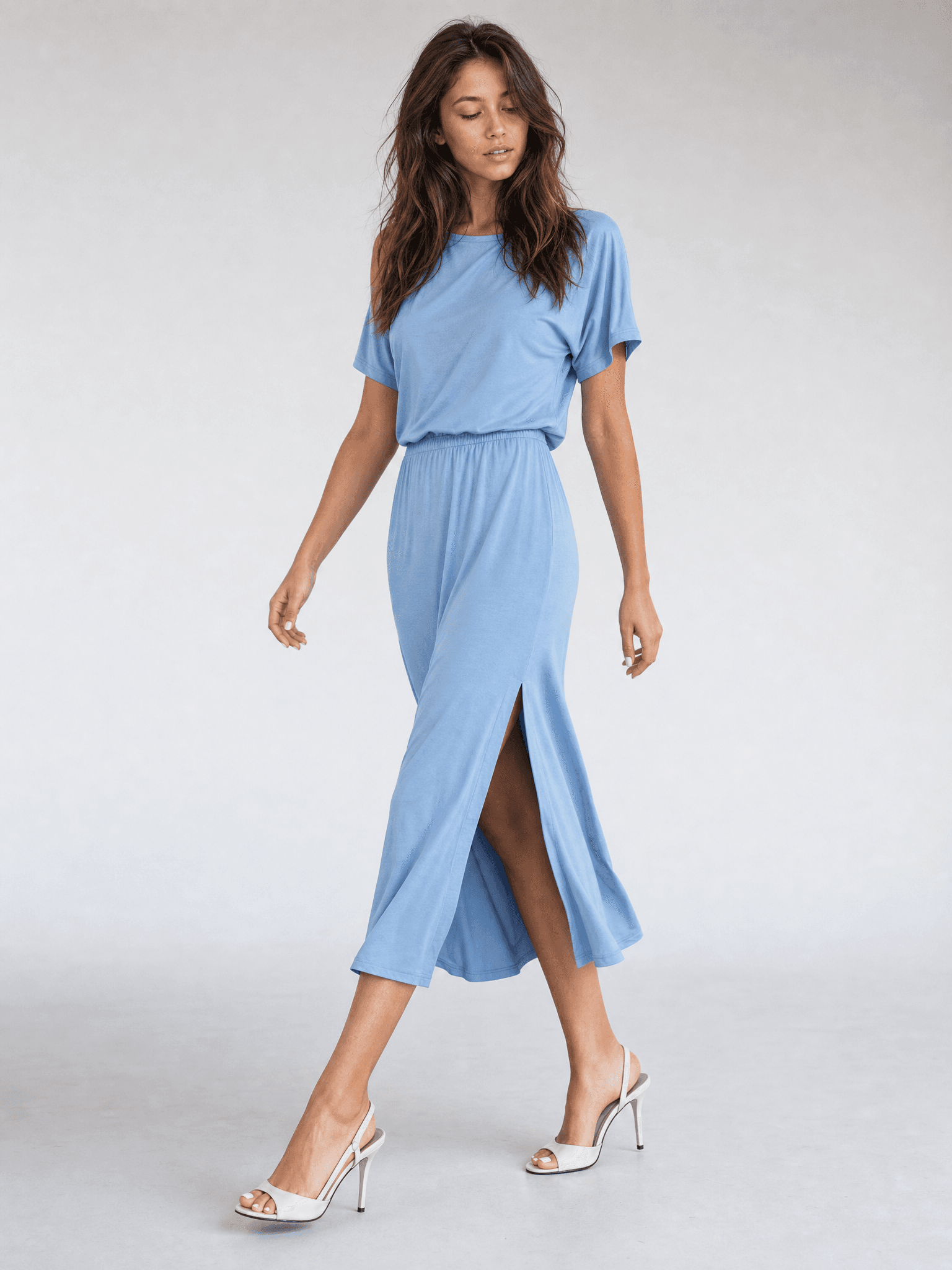 Blaues Modalkleid mit kurzen Ärmeln Rosa — Foto 7