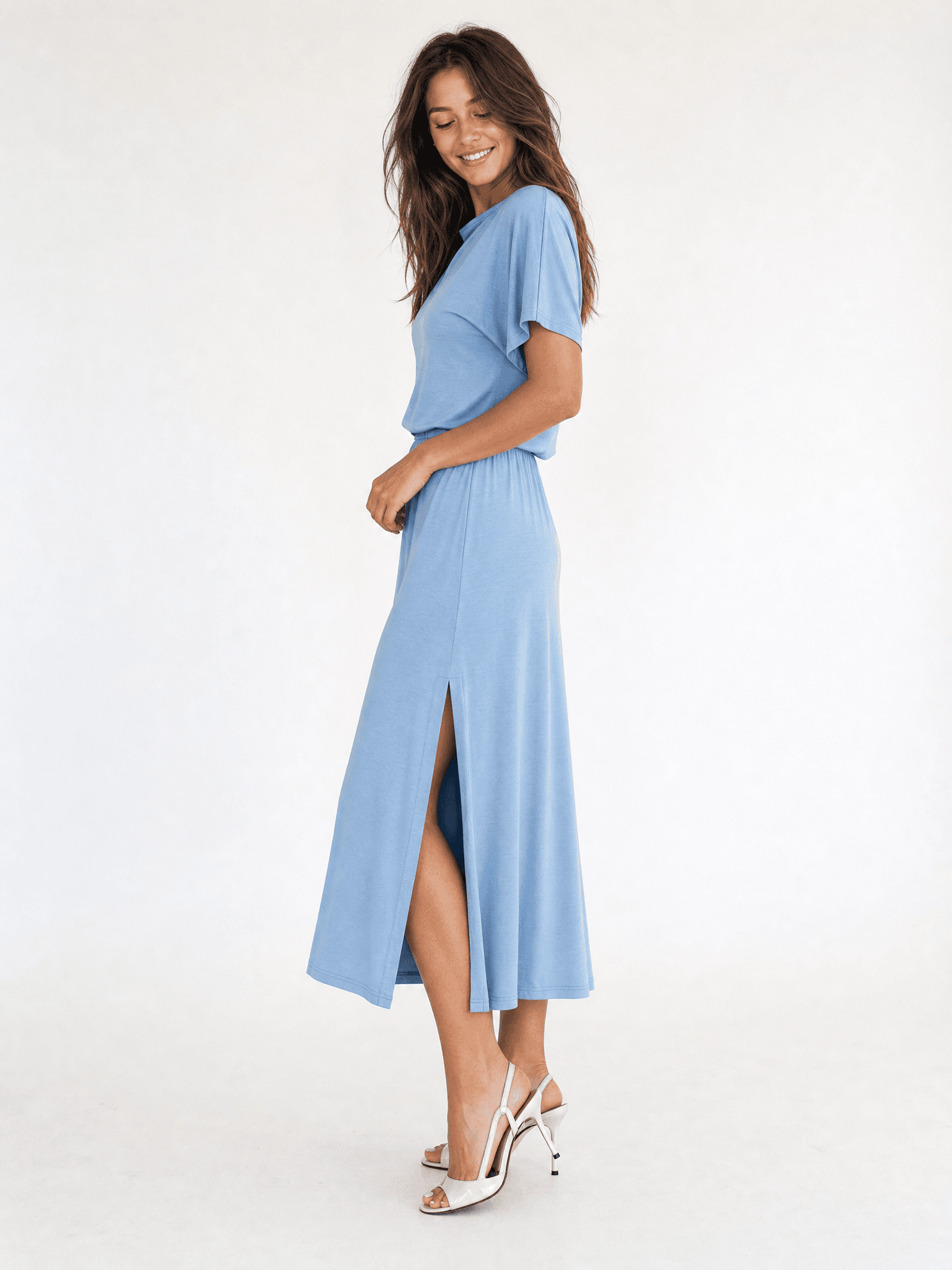Blaues Modalkleid mit kurzen Ärmeln Rosa — Foto 5