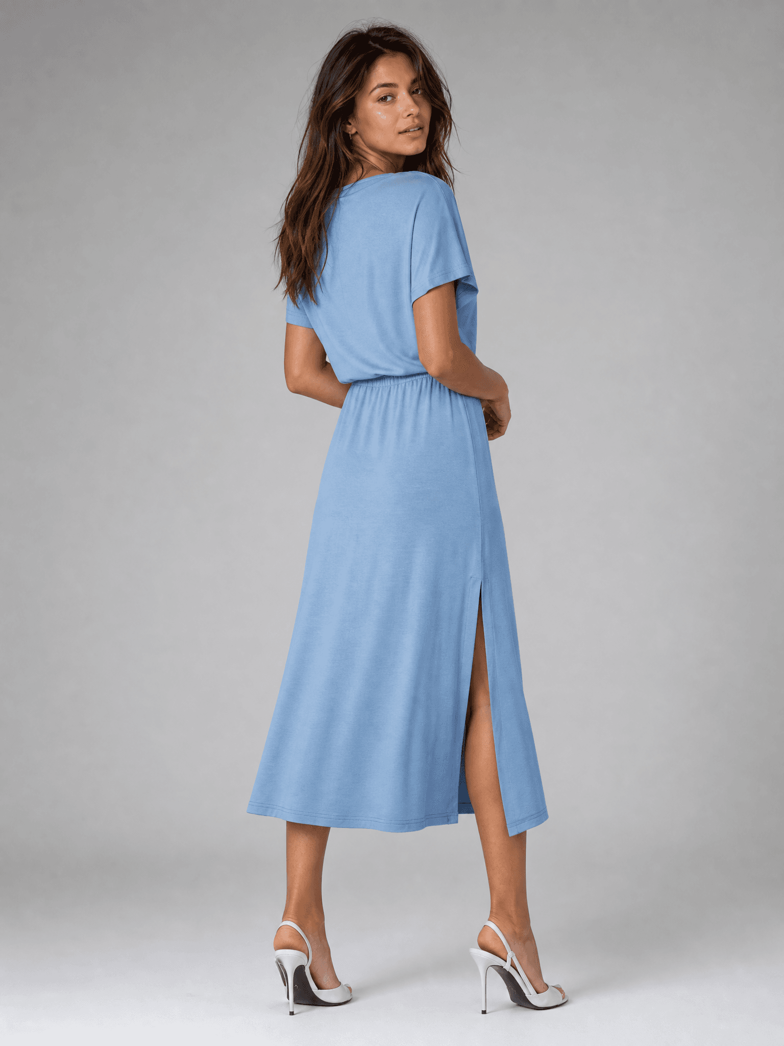Blaues Modalkleid mit kurzen Ärmeln Rosa — Foto 4