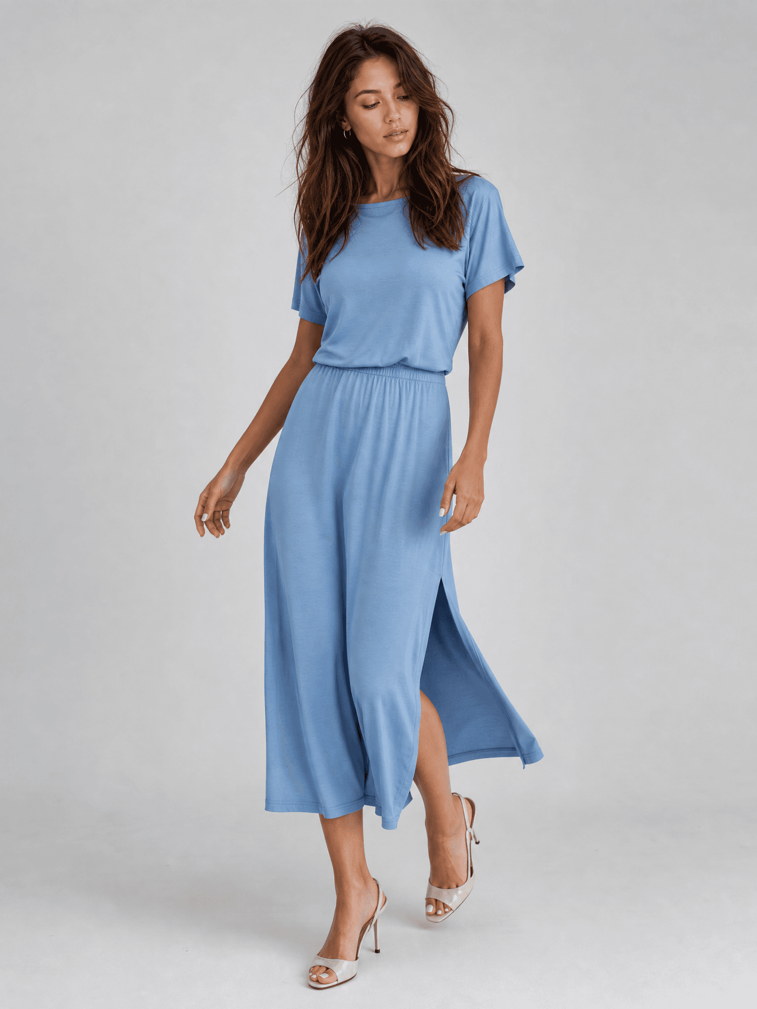 Blaues Modalkleid mit kurzen Ärmeln Rosa — Foto 3