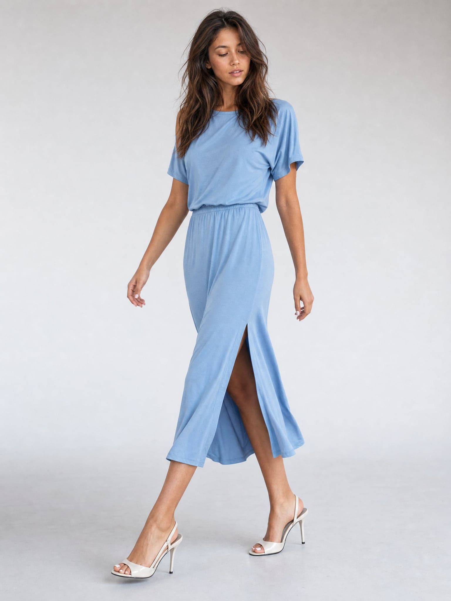 Vestido azul de modal con manga corta Rosa — foto 7