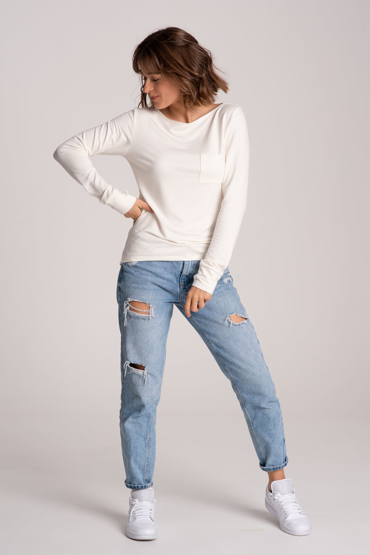 BASIC Long Sleeve Top with Pocket - White — photo 4