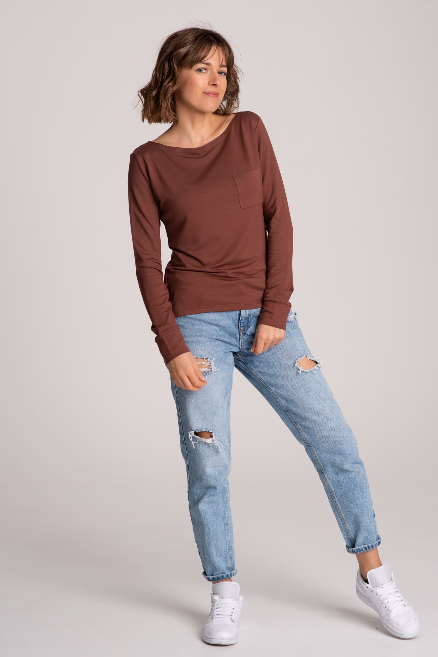 Longsleeve z kieszonką BASIC - brązowy — zdjęcie 4