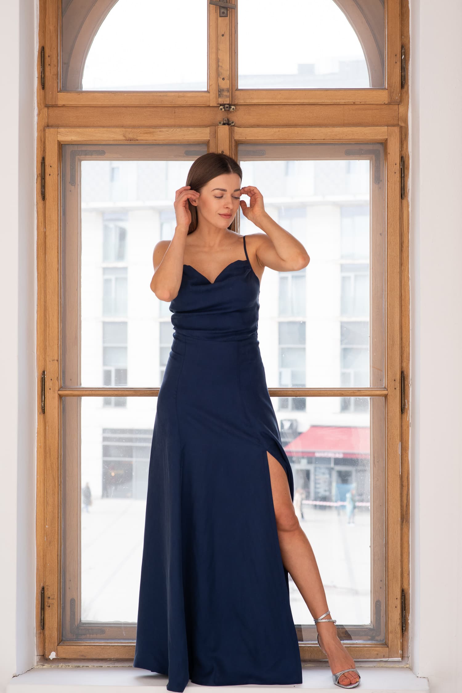 Navy Blue Cupro Maxi Dress with Straps Natalie — photo 6