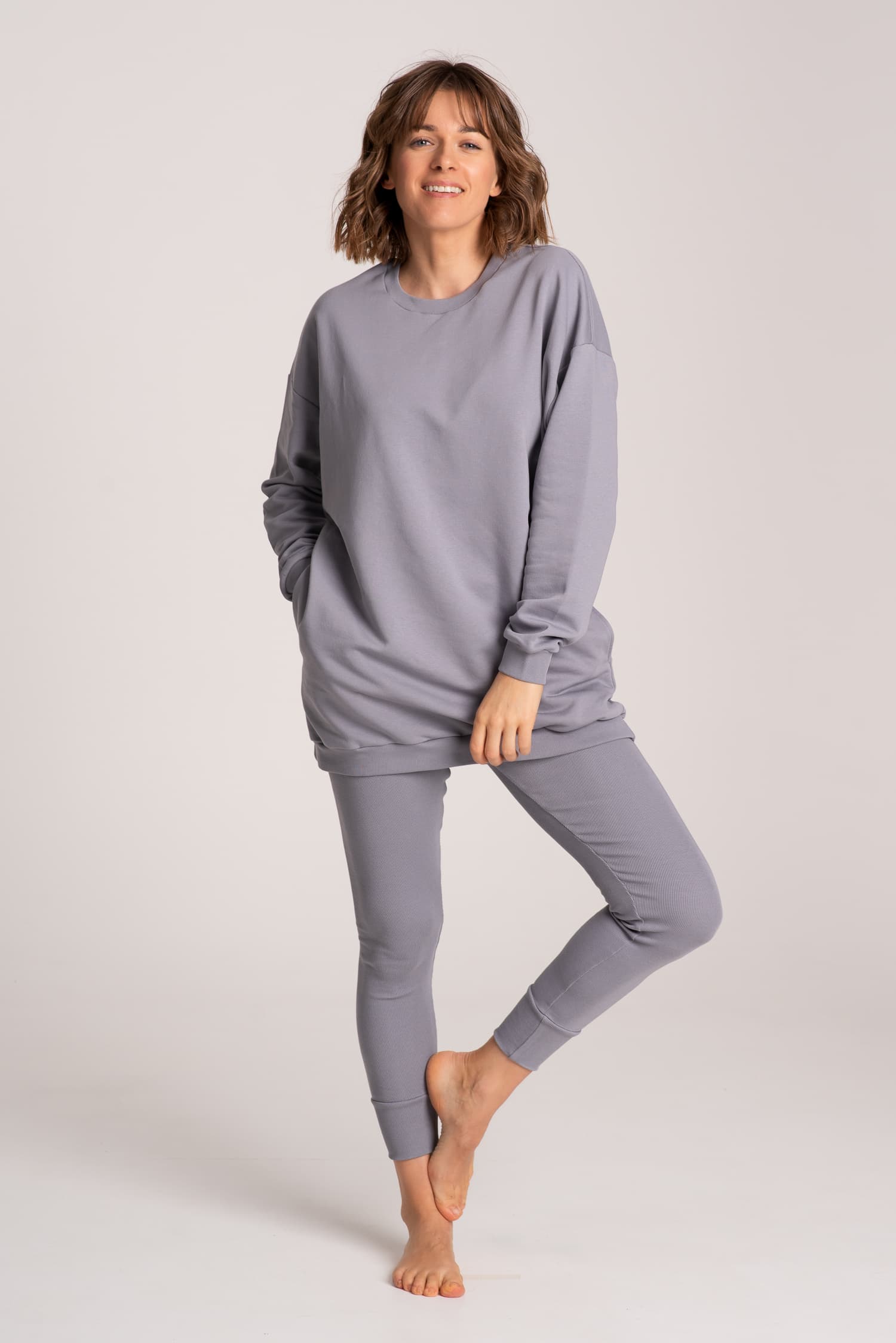 Ribbed Leggings + Longline Sweatshirt Set - Dove Grey — photo 2