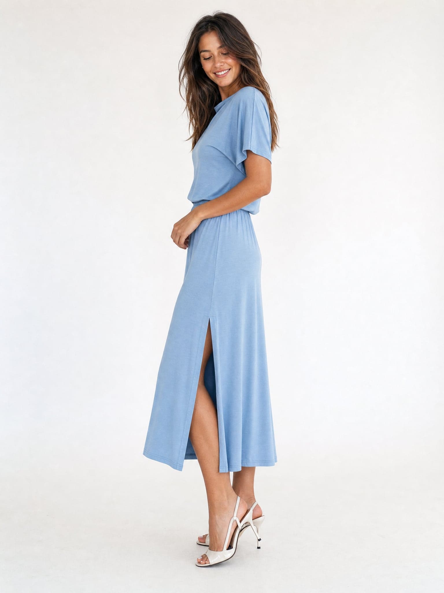 Vestido azul de modal con manga corta Rosa — foto 5