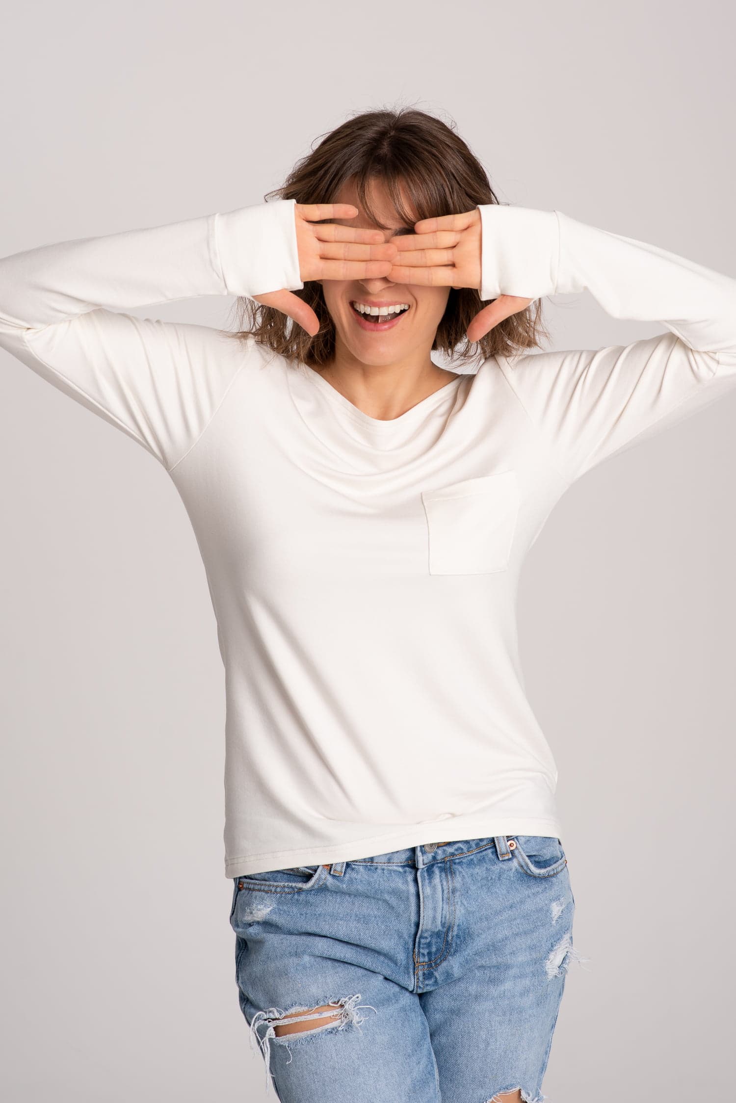 BASIC Long Sleeve Top with Pocket - White — photo 8