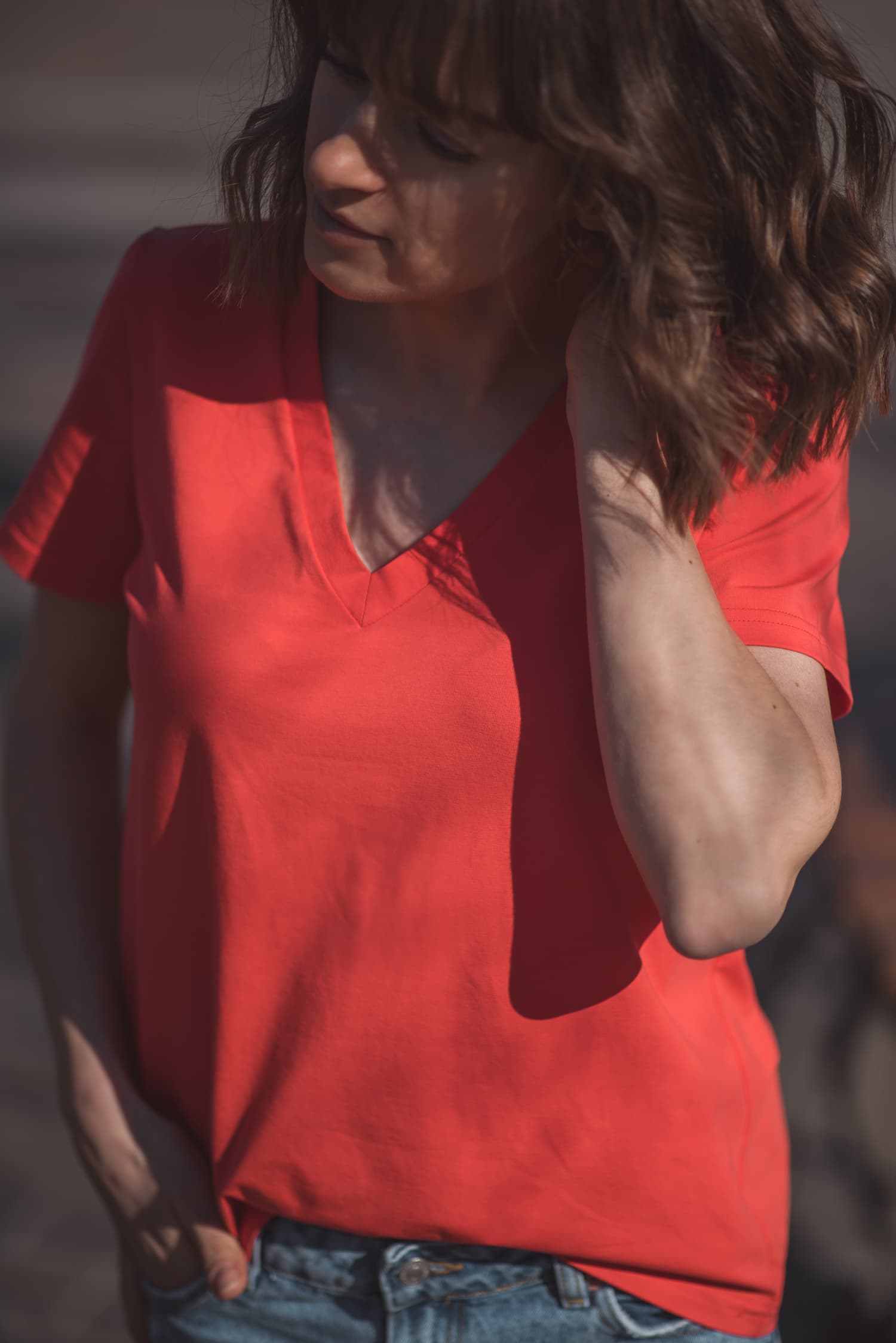 BASIC V-Neck T-shirt - Coral — photo 4