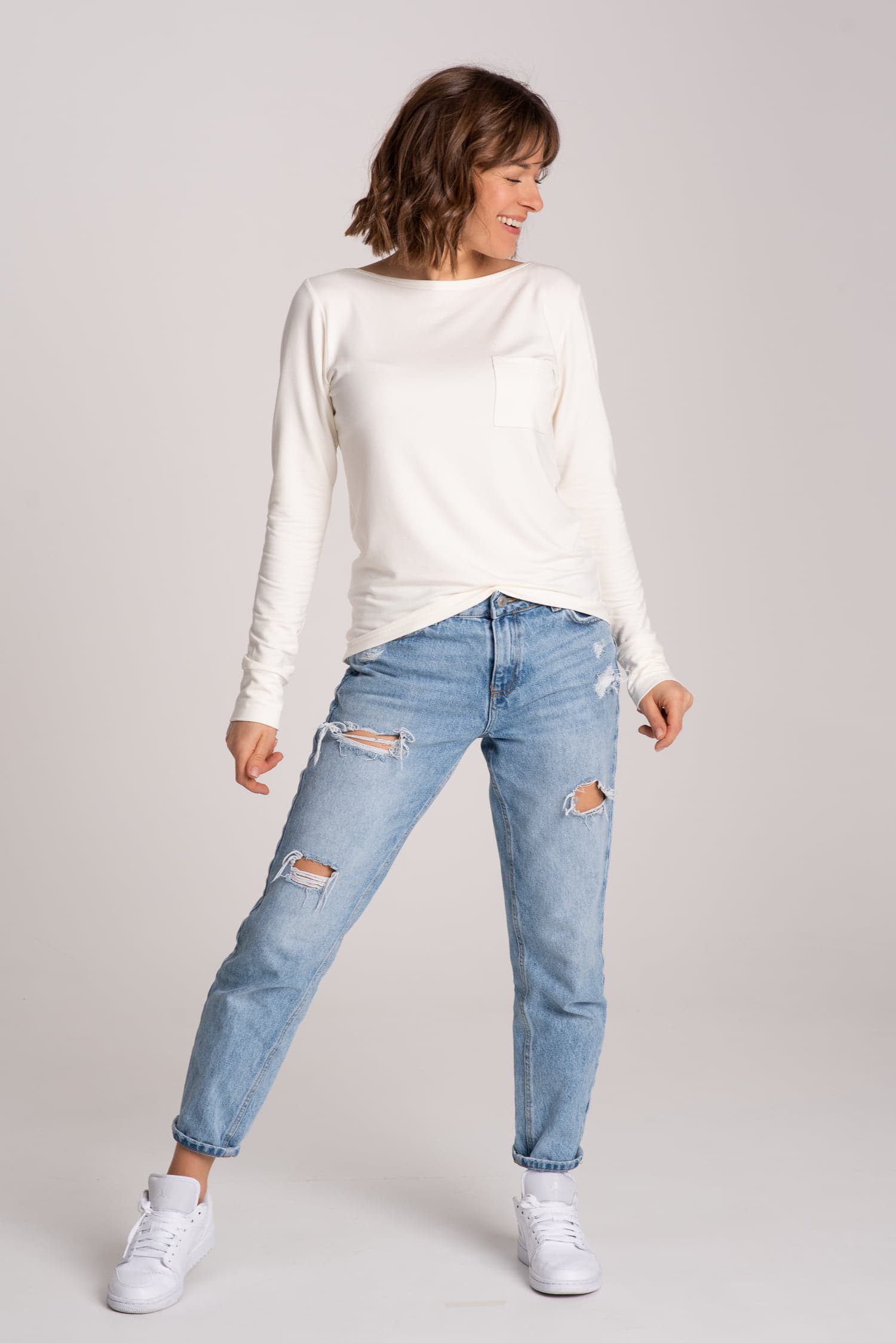 BASIC Long Sleeve Top with Pocket - White — photo 5