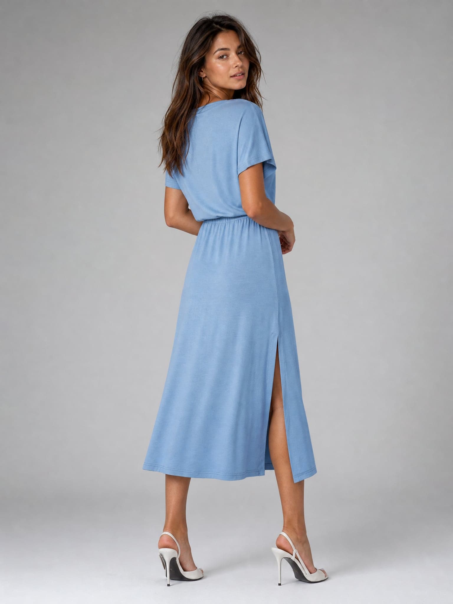 Vestido azul de modal con manga corta Rosa — foto 4