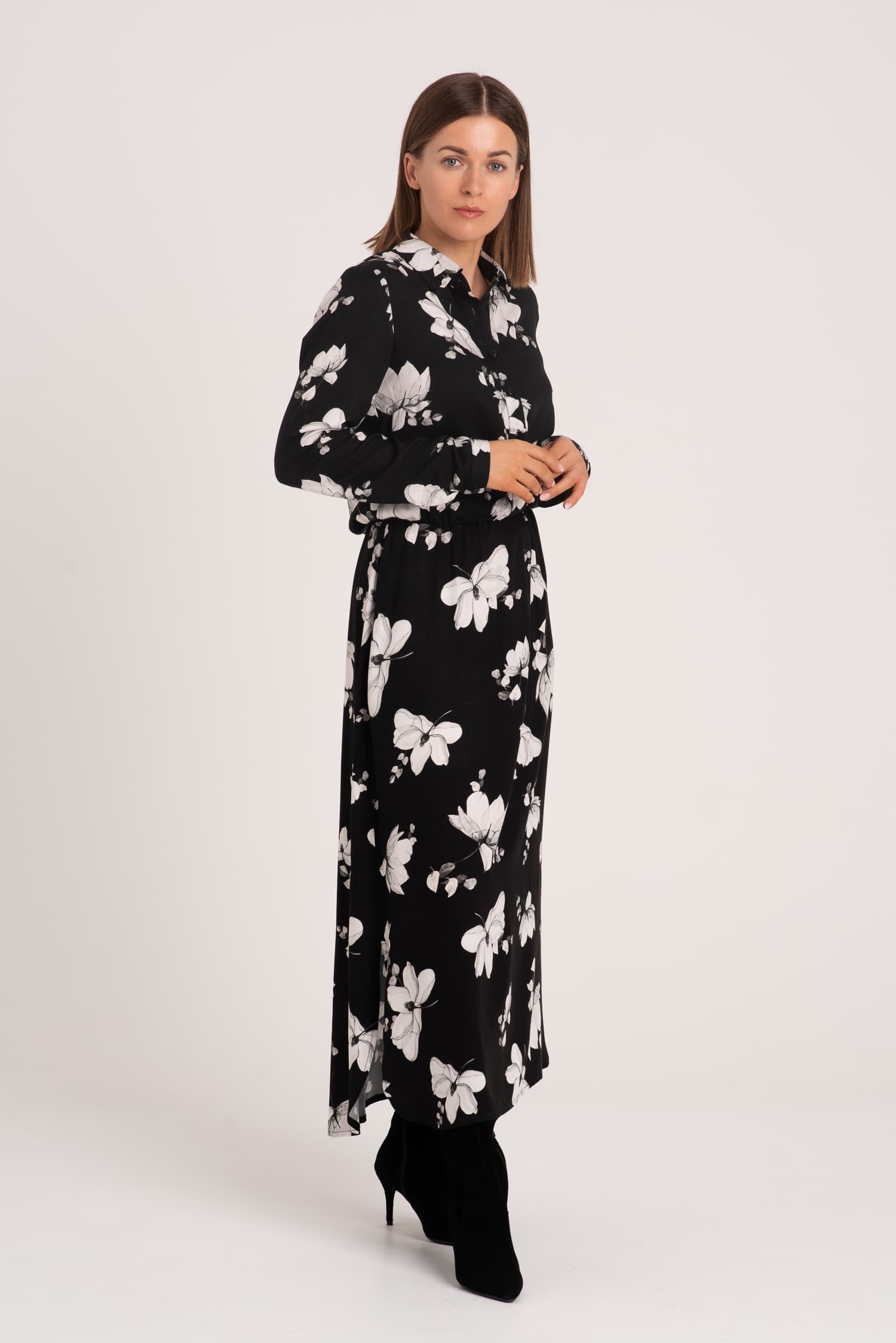 Black Floral Viscose Shirt Dress NONAME — photo 4