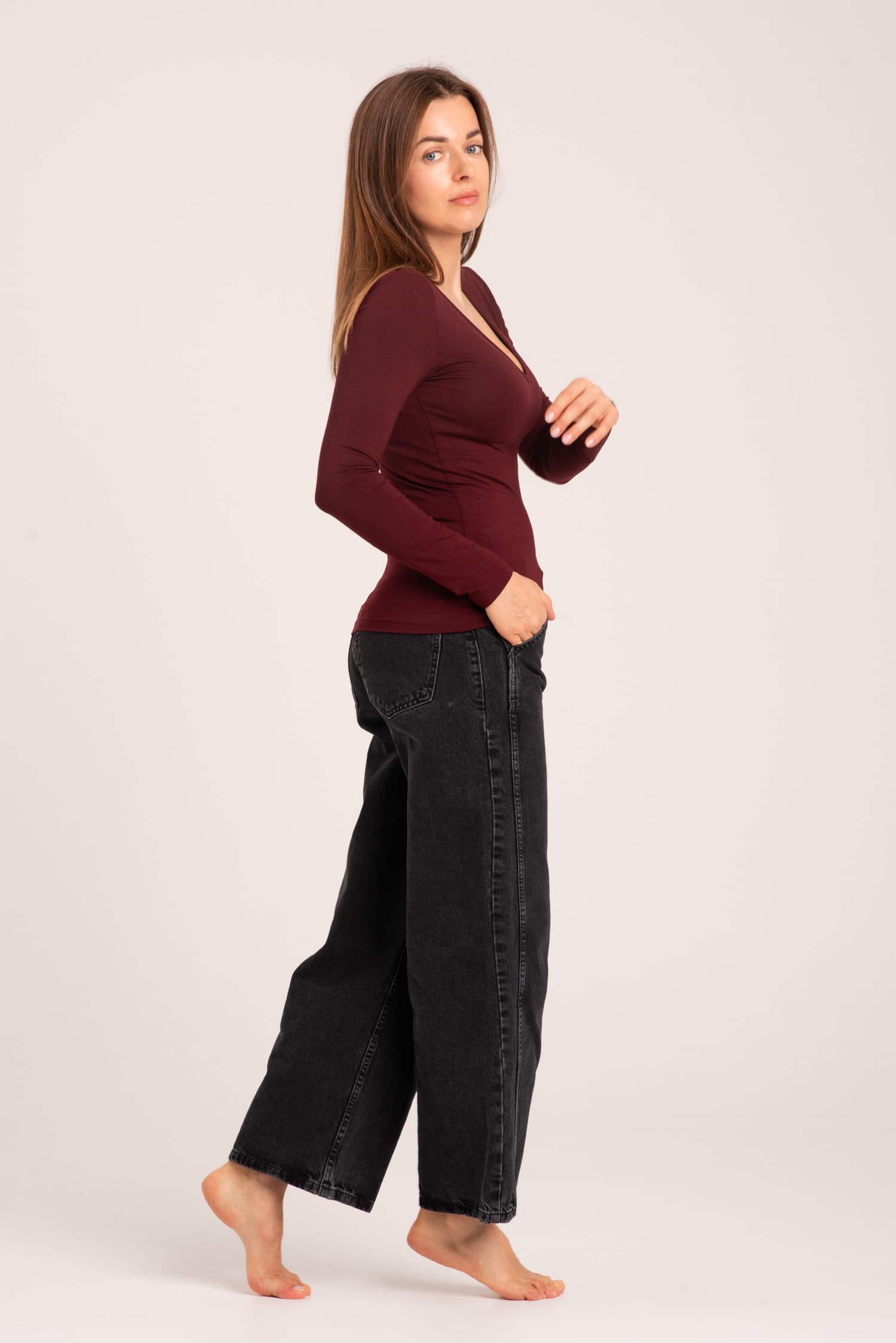 Burgundy Long Sleeve V-Neck Blouse Aniela — photo 4