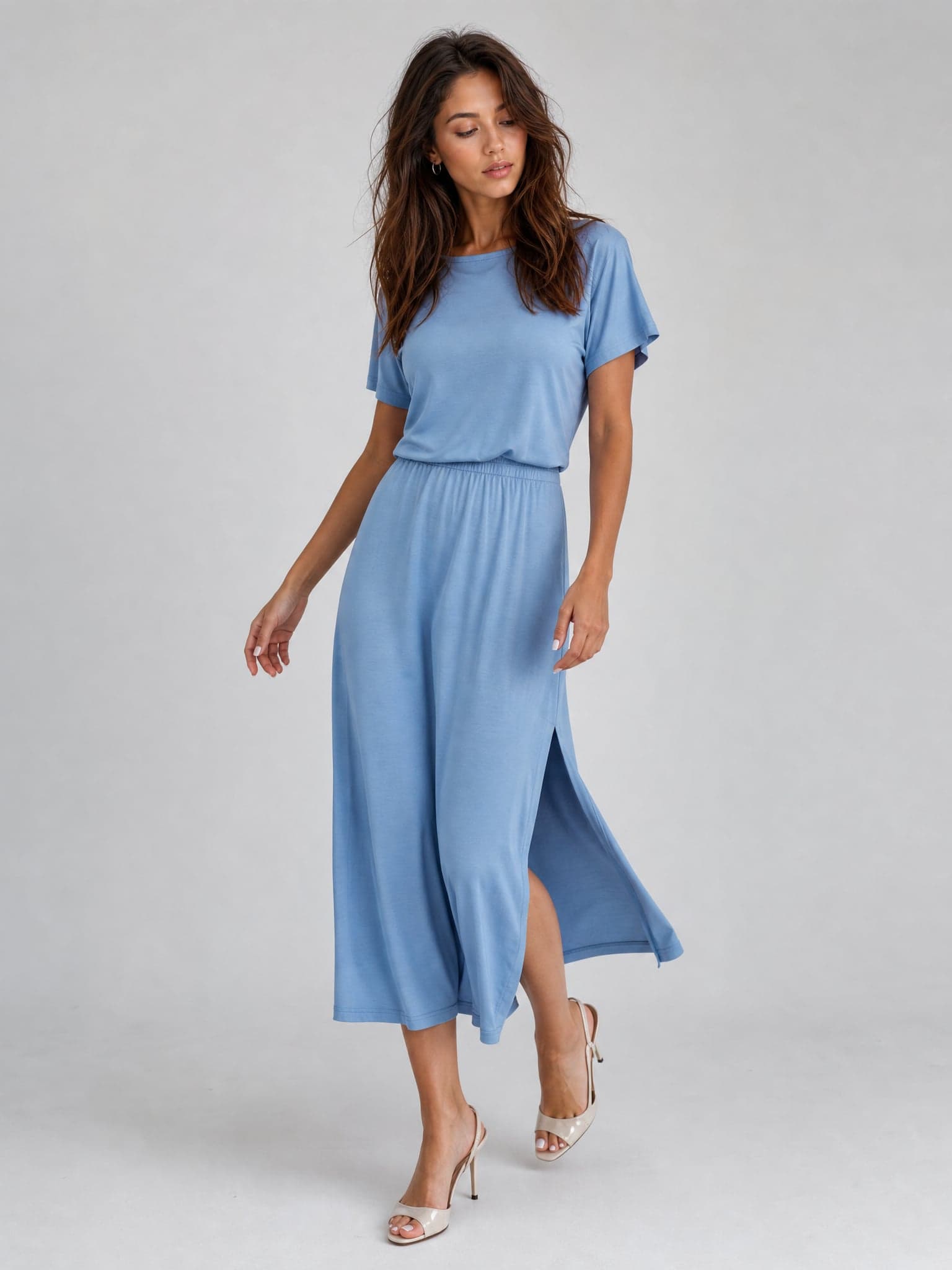 Vestido azul de modal con manga corta Rosa — foto 3