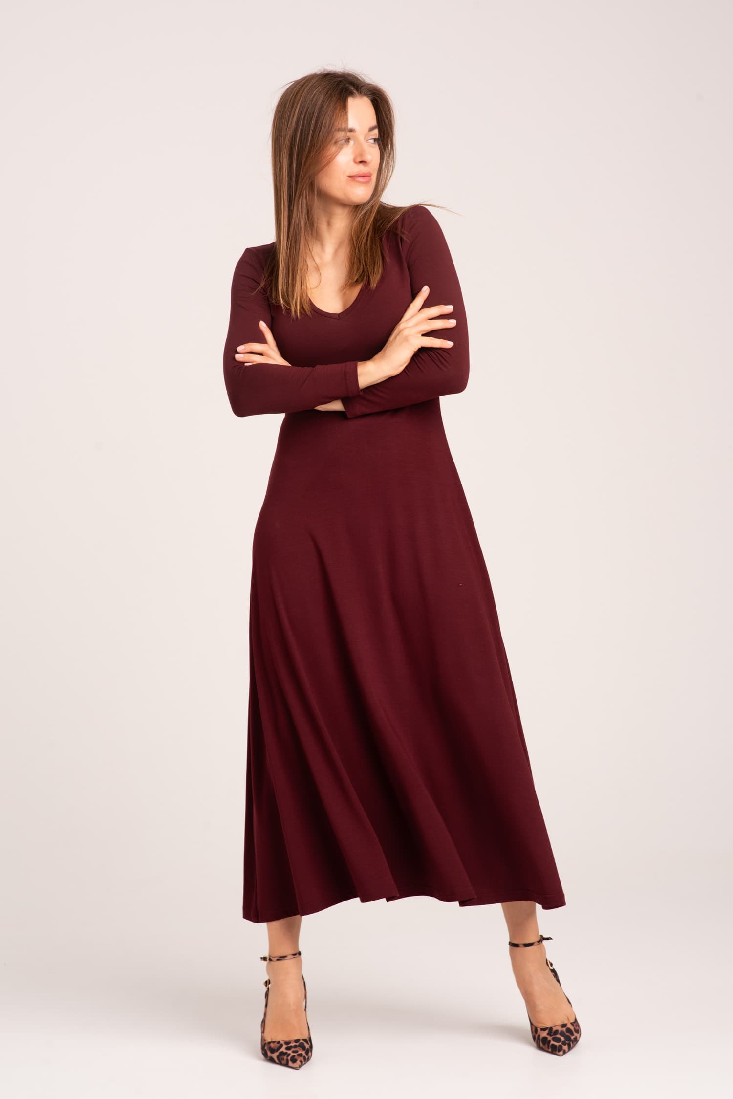 Bordowa sukienka z długim rękawem Antonia long