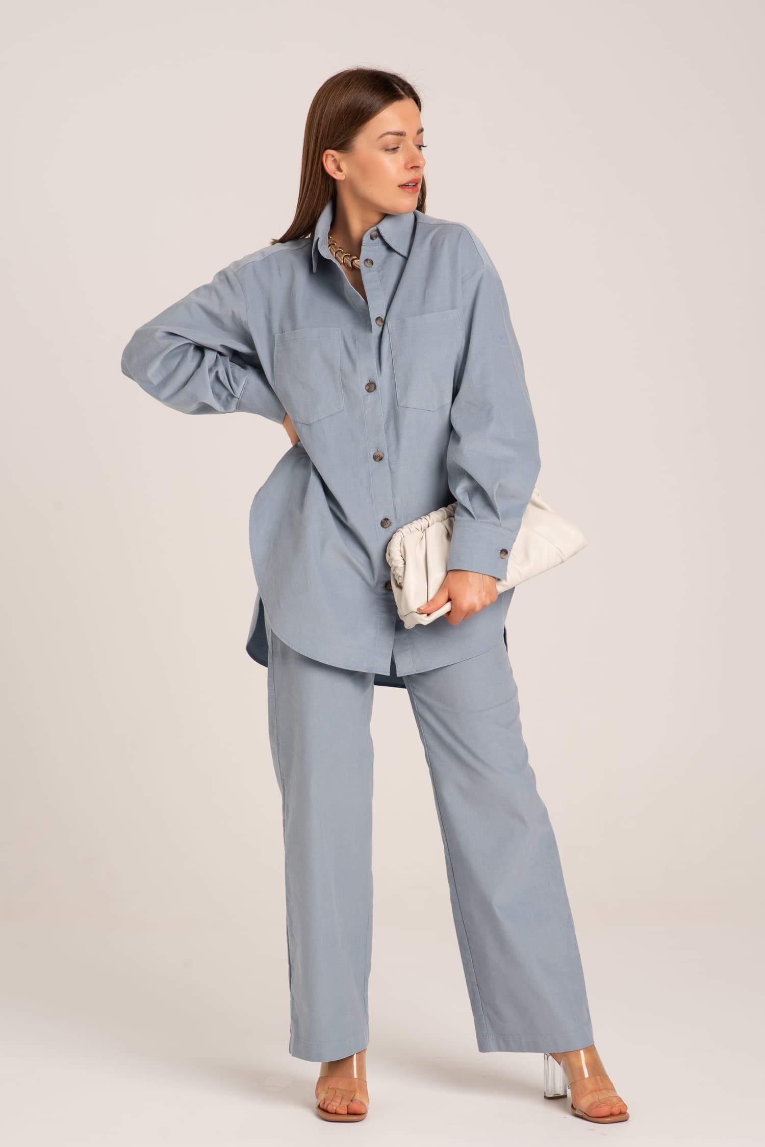 Błękitne spodnie sztruksowe z wysokim stanem Therese - zdjęcie 6