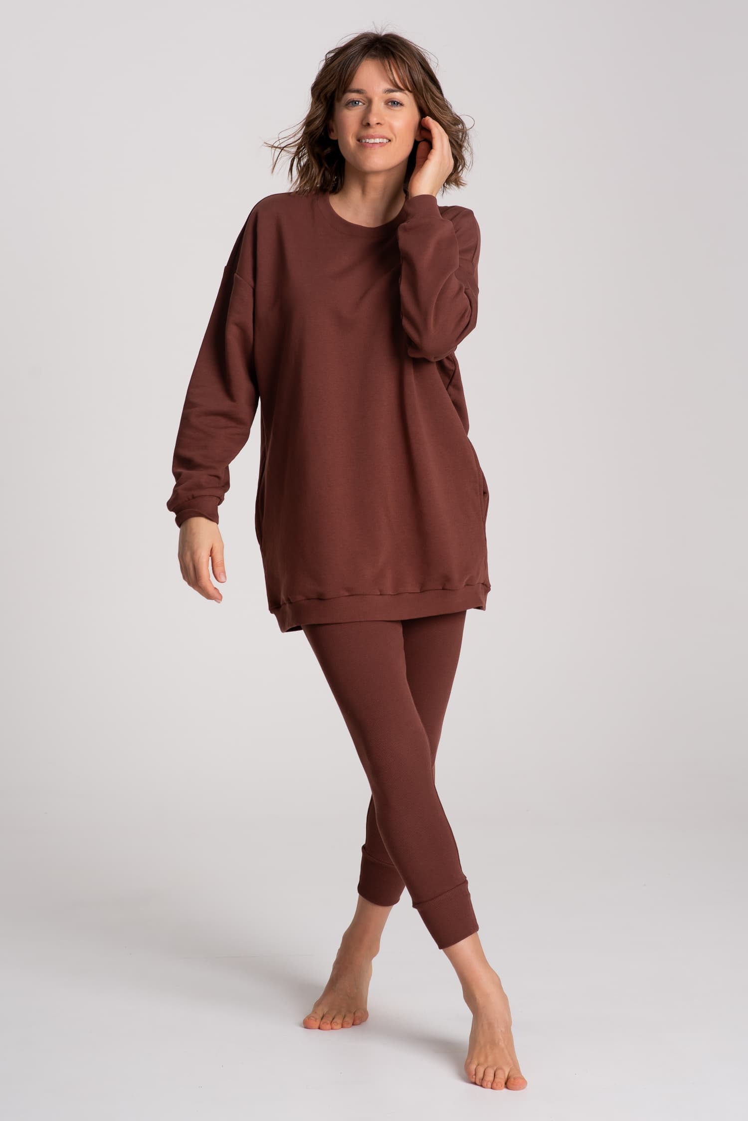 Legginsy prążkowane + długa bluza - brąz - zdjęcie 3